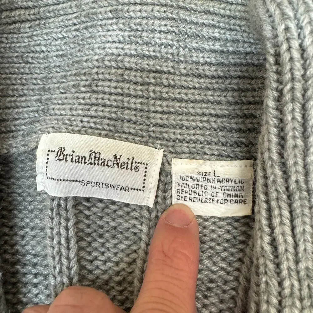 Vintage Men 70s 80s Mod Hipster Cable Knit Fisherman Cardigan Gray Steve McQueen
